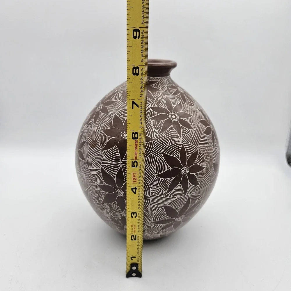 Handmade Etched Carved Floral Geometric Studio Pottery Vase Brown White Boho 8